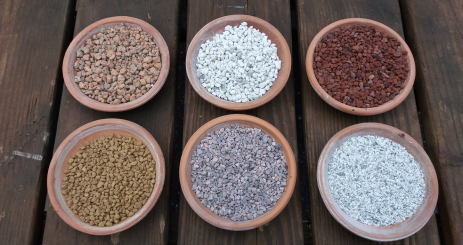 Left to right back to front: gravel, pumice, lava, akadama, haydite, granite