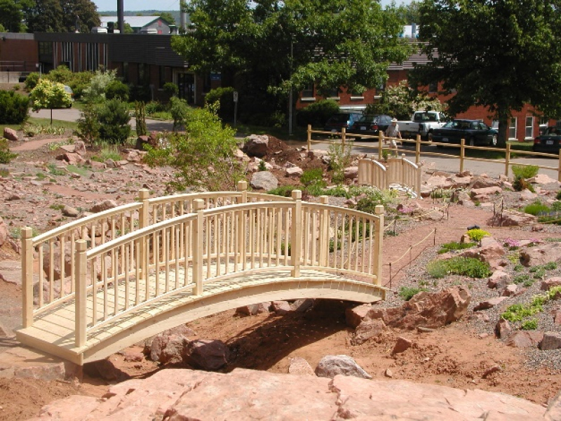 Student-built bridge over the dry stream Student-built bridge over the dry stream