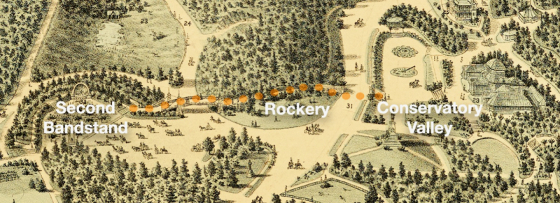 Bird’s eye view of Golden Gate Park in 1892, looking west, showing the course of the pathway between the Conservatory of Flowers and Bandstand. Bird’s eye view of Golden Gate Park in 1892, looking west, showing the course of the pathway between the Conservatory of Flowers and Bandstand.