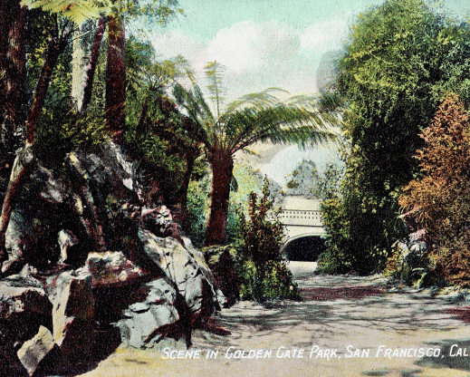 A turn-of-the-century postcard looking north from the rockery to the Conservatory of Flowers in the distance.’ A turn-of-the-century postcard looking north from the rockery to the Conservatory of Flowers in the distance.’